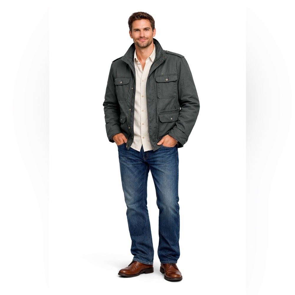 Coach Men's Jacket Hidden Hood Full Zip Military Field Chore Barn Coat Gray Sz L
